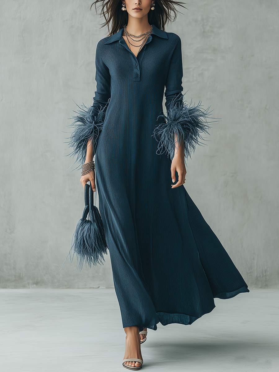 Navy Ribbed Knit Feather Cuff Polo Collar Maxi Dress
