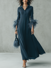 Navy Ribbed Knit Feather Cuff Polo Collar Maxi Dress