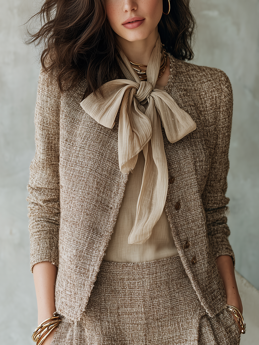 Exquisite Camel-colored Tweed Coat With Bow