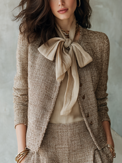 Exquisite Camel-colored Tweed Coat With Bow