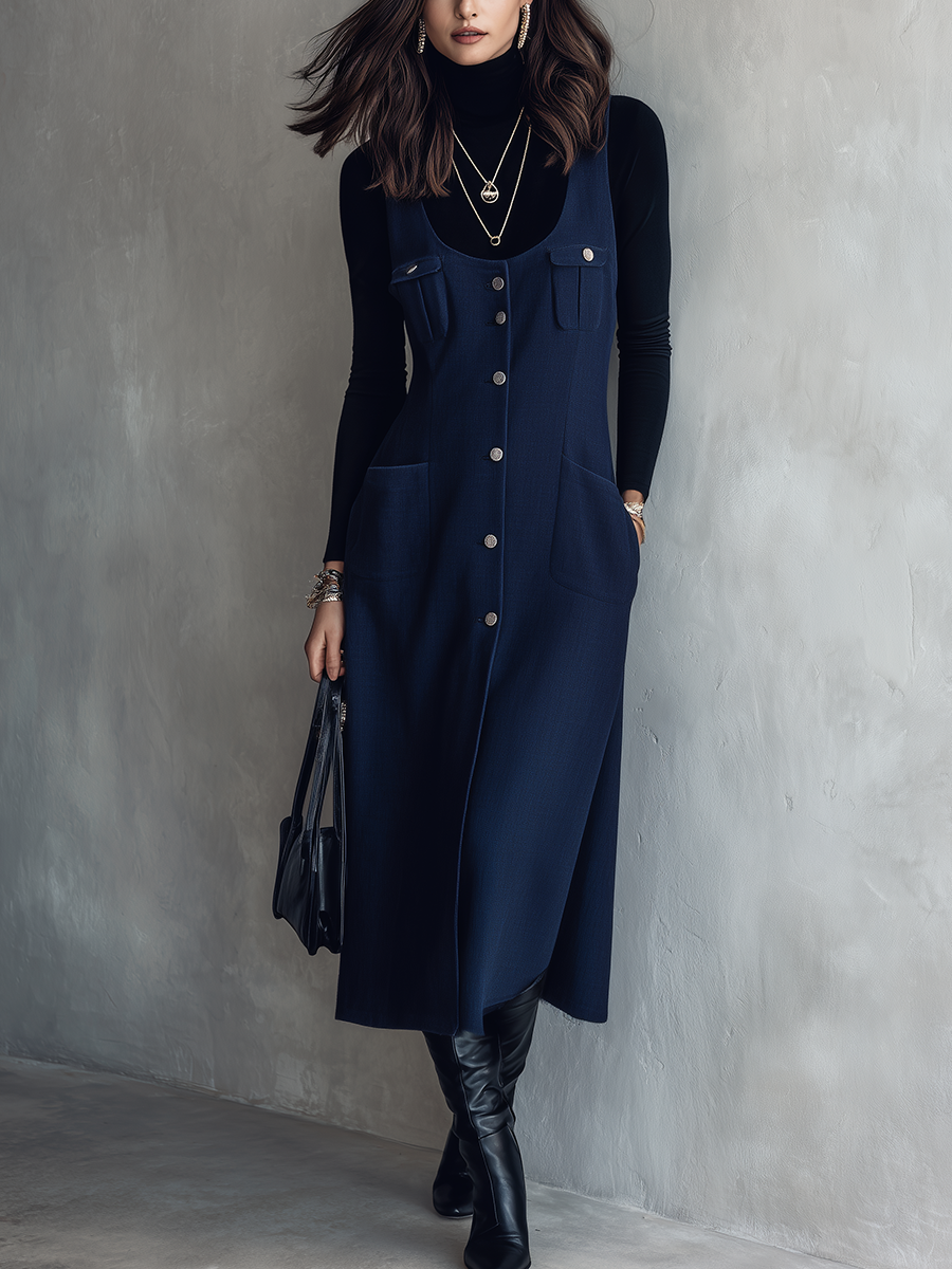 Navy Blue Button-front Sleeveless Long Dress