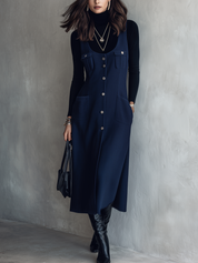 Navy Blue Button-front Sleeveless Long Dress