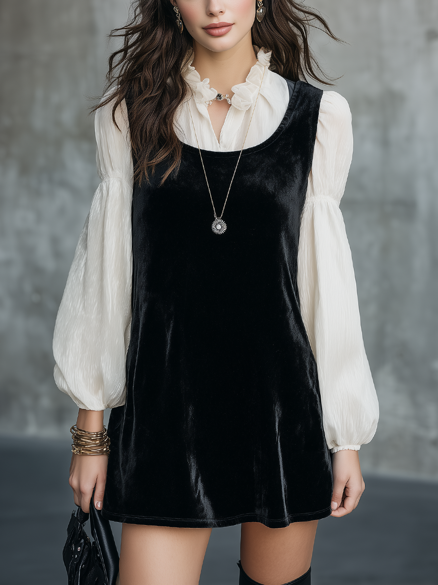 Romantic Black Velvet Dress Lantern Sleeve Shirt Set