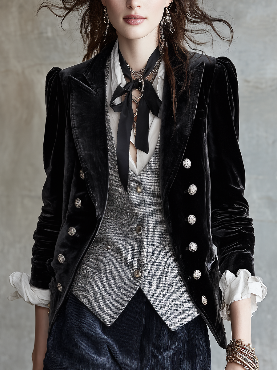 Vintage Black Velvet Puff Sleeve Double Breasted Tailored Blazer