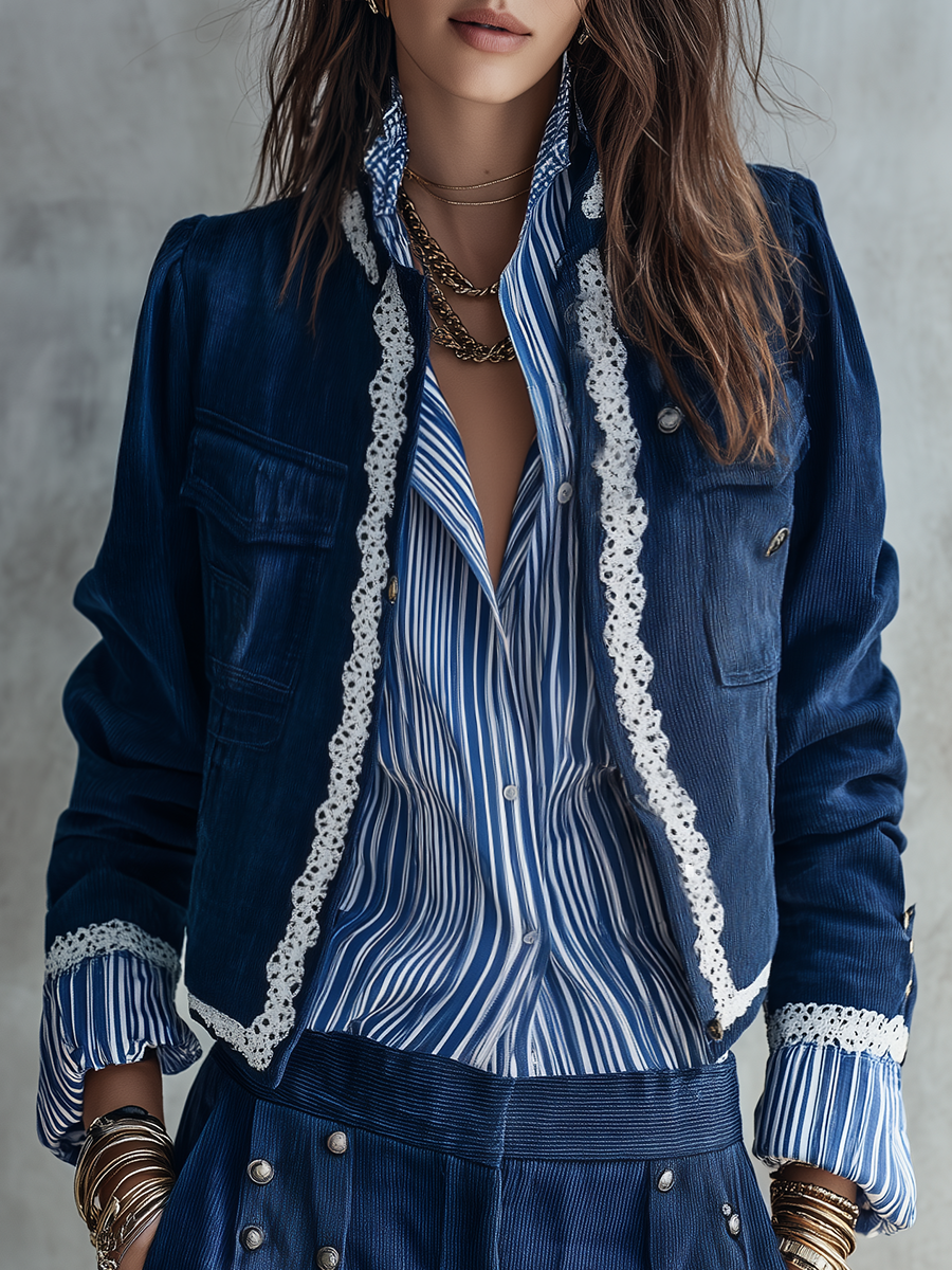 Bohemian Dark Blue Lace Trim Cropped Jacket