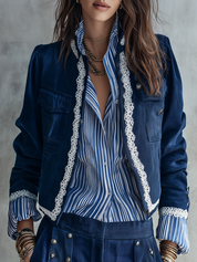 Bohemian Dark Blue Lace Trim Cropped Jacket