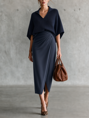 Urban Elegant Polo Knit Top & Wrap Midi Skirt Set