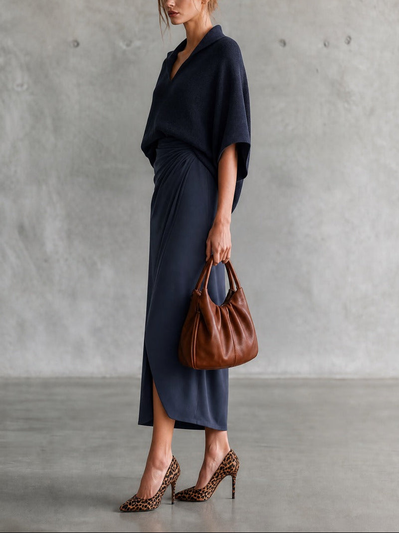 Urban Elegant Polo Knit Top & Wrap Midi Skirt Set