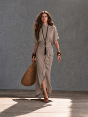 Women's Mock Neck Batwing Sleeve Ruffle Wrap Maxi Knit Dress