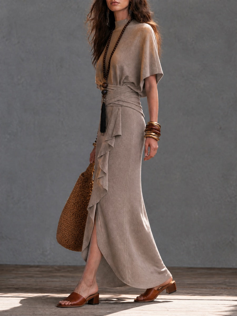 Women's Mock Neck Batwing Sleeve Ruffle Wrap Maxi Knit Dress