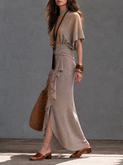 Women's Mock Neck Batwing Sleeve Ruffle Wrap Maxi Knit Dress