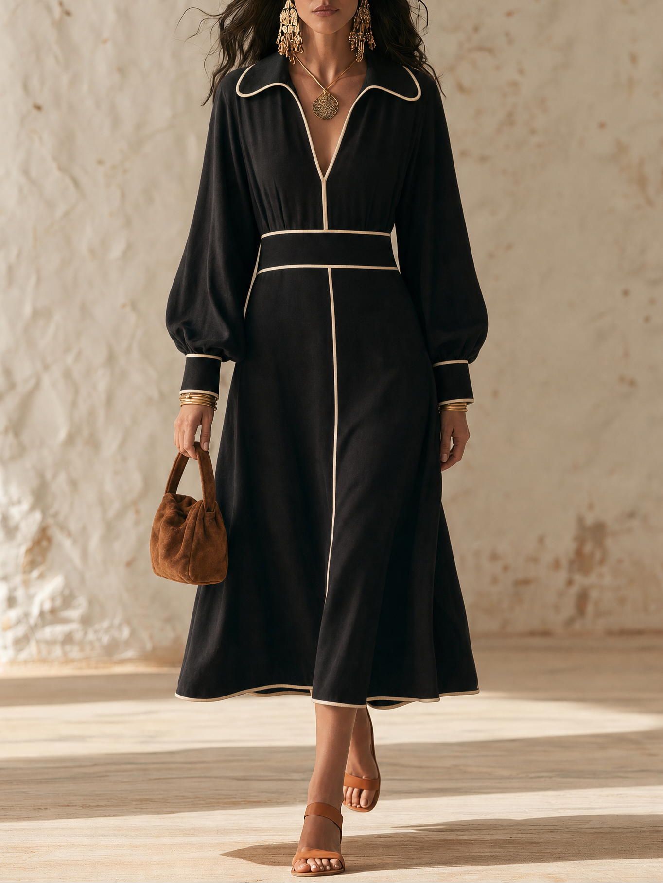 Contrast Piping V-Neck Collared Long Sleeve Midi Dress