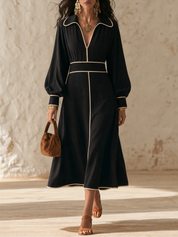 Contrast Piping V-Neck Collared Long Sleeve Midi Dress