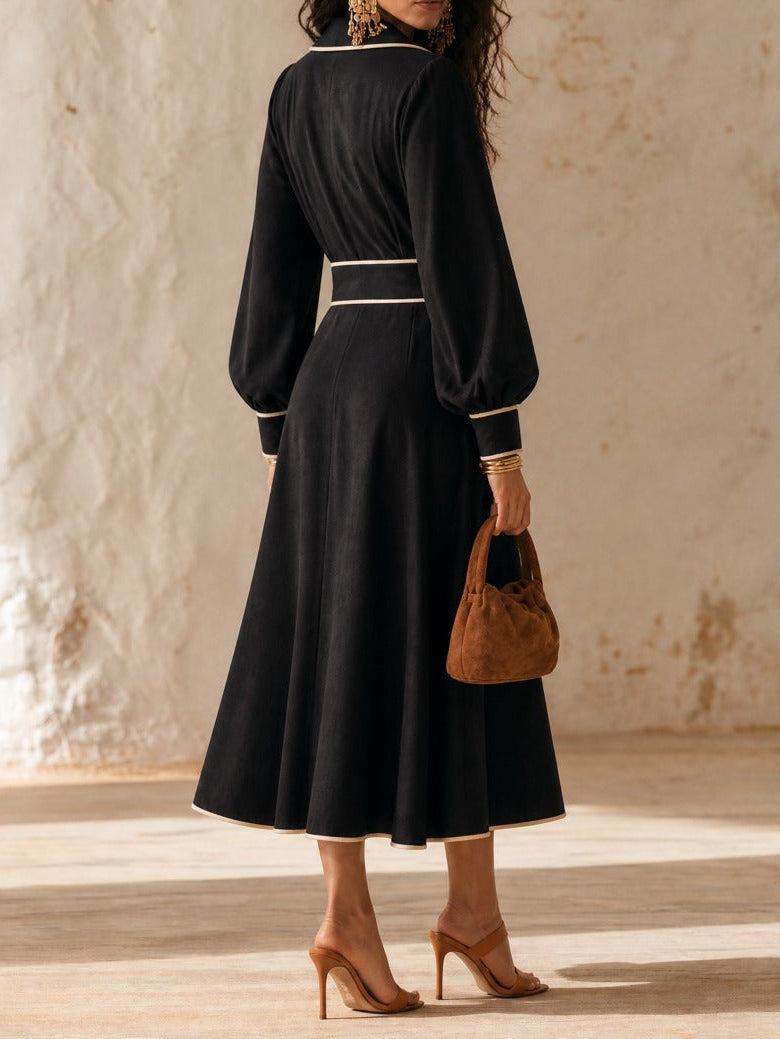 Contrast Piping V-Neck Collared Long Sleeve Midi Dress