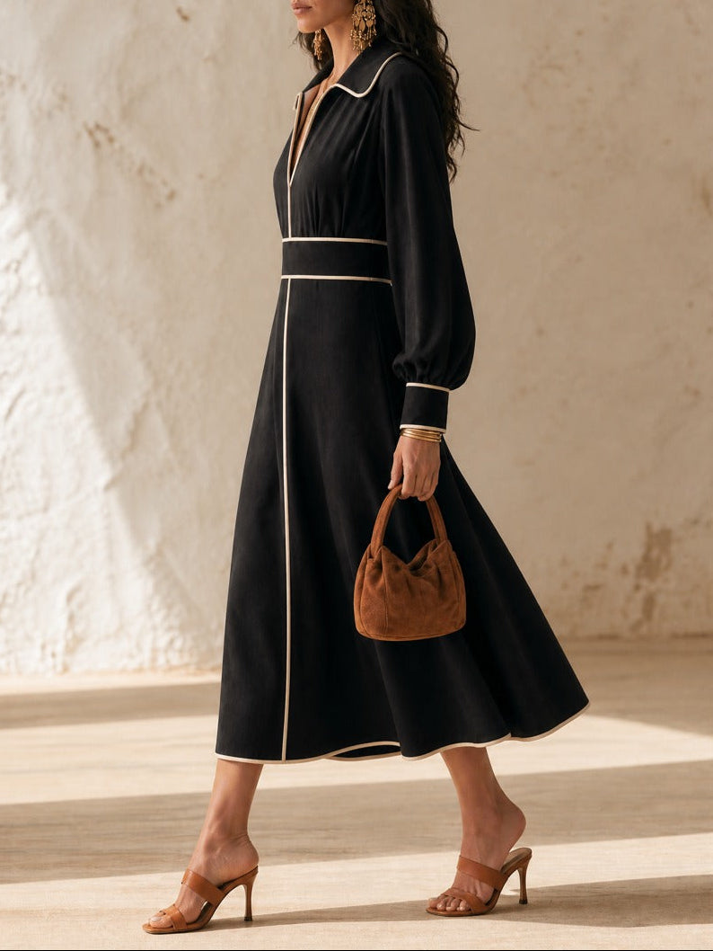 Contrast Piping V-Neck Collared Long Sleeve Midi Dress