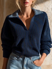 Relaxed Navy Ribbed Polo Knit Sweater Top