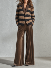 Striped Knit Cardigan Suit, Color-Blocked Collared Trousers Set