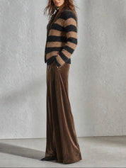 Striped Knit Cardigan Suit, Color-Blocked Collared Trousers Set