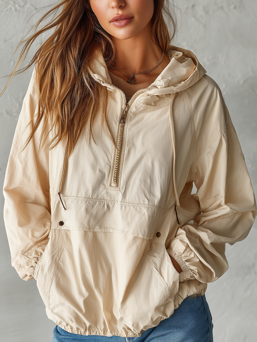 Effortless Ecru Hooded Utility Pullover Top