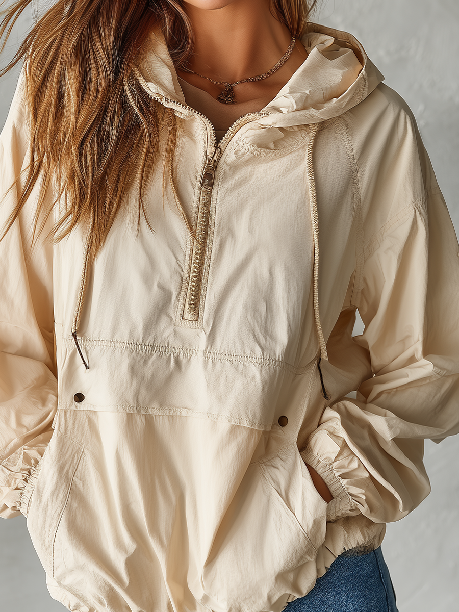 Effortless Ecru Hooded Utility Pullover Top