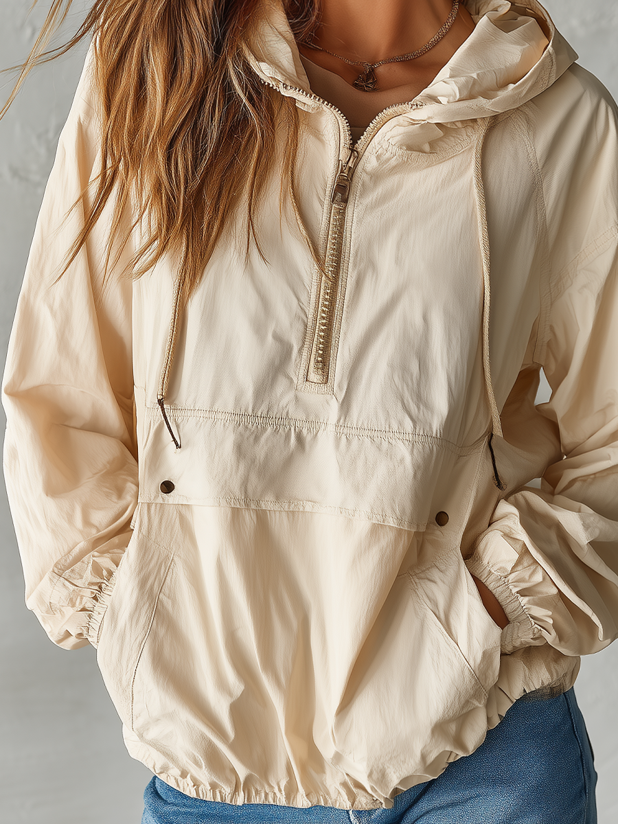 Effortless Ecru Hooded Utility Pullover Top