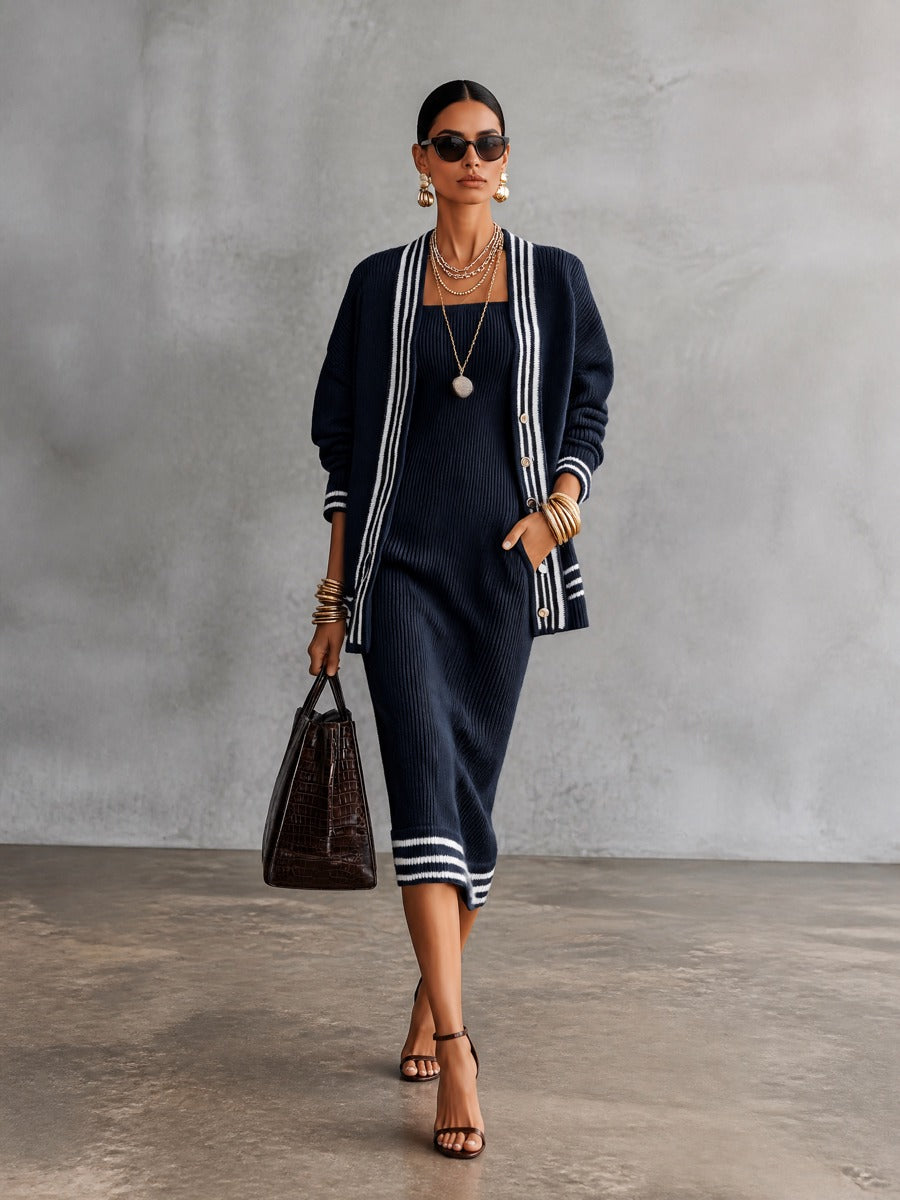 Women's Striped Trim Knit Cardigan and Ribbed Midi Dress Set