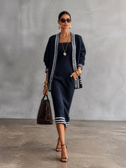 Women's Striped Trim Knit Cardigan and Ribbed Midi Dress Set