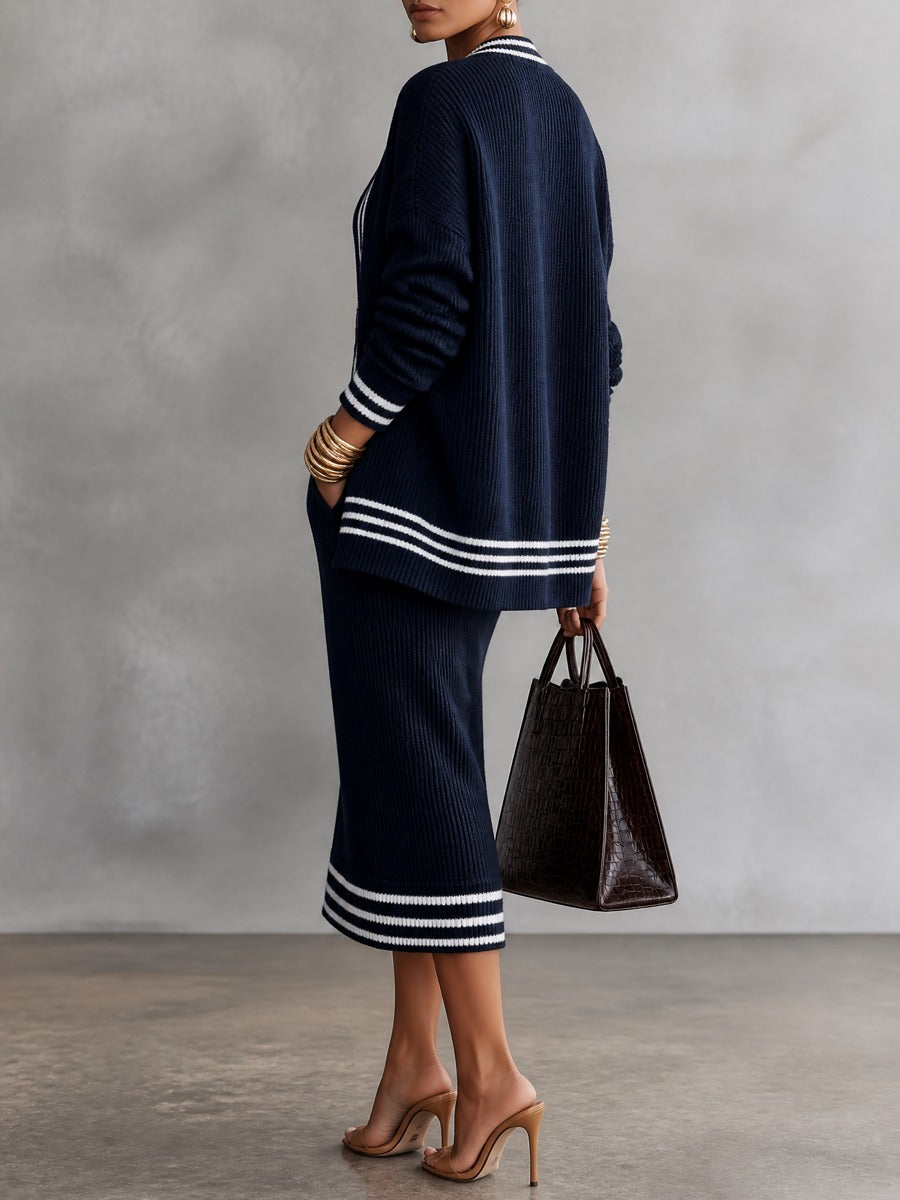 Women's Striped Trim Knit Cardigan and Ribbed Midi Dress Set