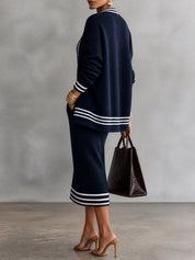 Women's Striped Trim Knit Cardigan and Ribbed Midi Dress Set