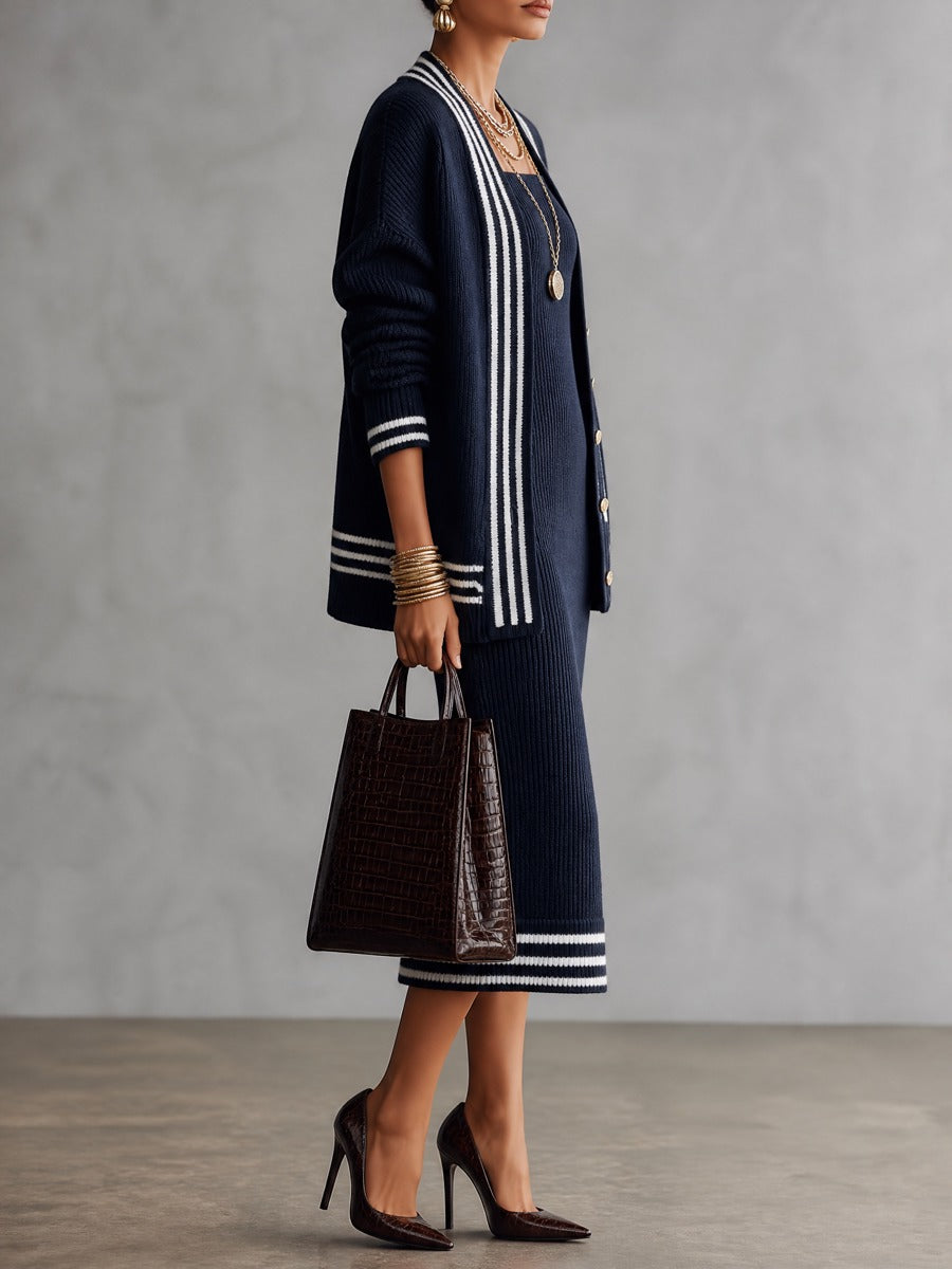 Women's Striped Trim Knit Cardigan and Ribbed Midi Dress Set