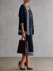 Women's Striped Trim Knit Cardigan and Ribbed Midi Dress Set