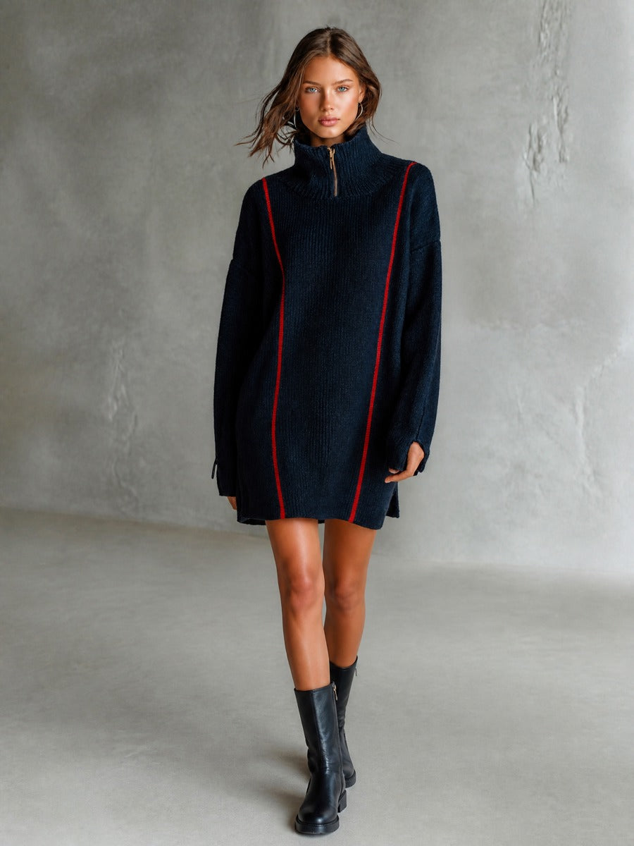 Half-Zip Turtleneck Contrast Stripe Oversized Sweater Dress