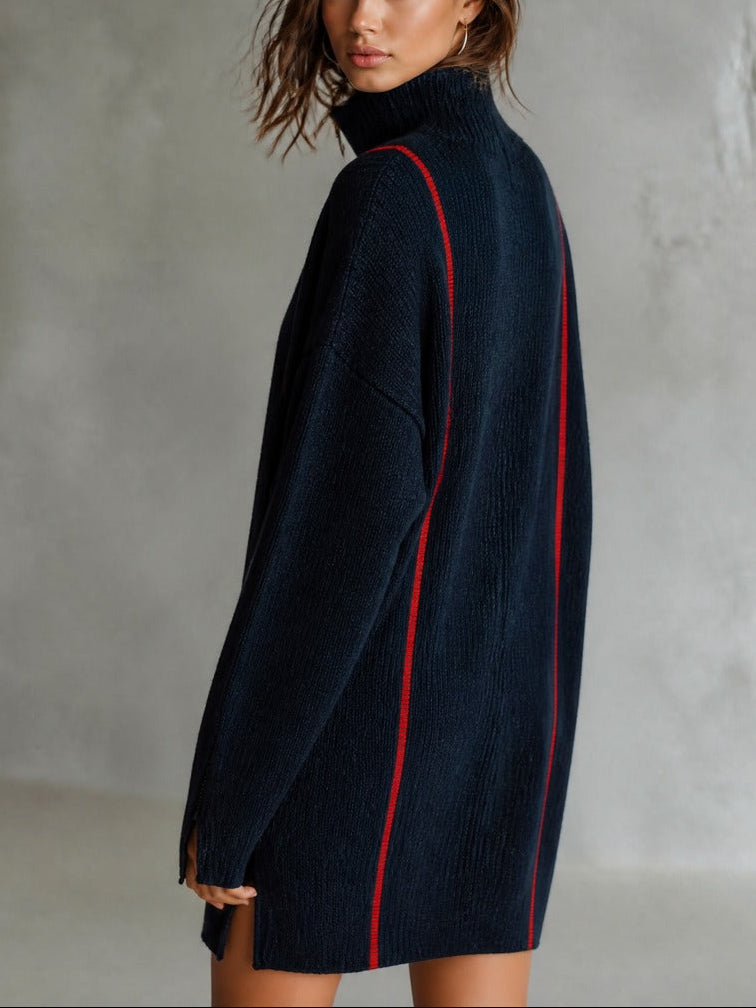 Half-Zip Turtleneck Contrast Stripe Oversized Sweater Dress