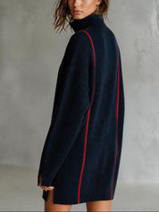 Half-Zip Turtleneck Contrast Stripe Oversized Sweater Dress
