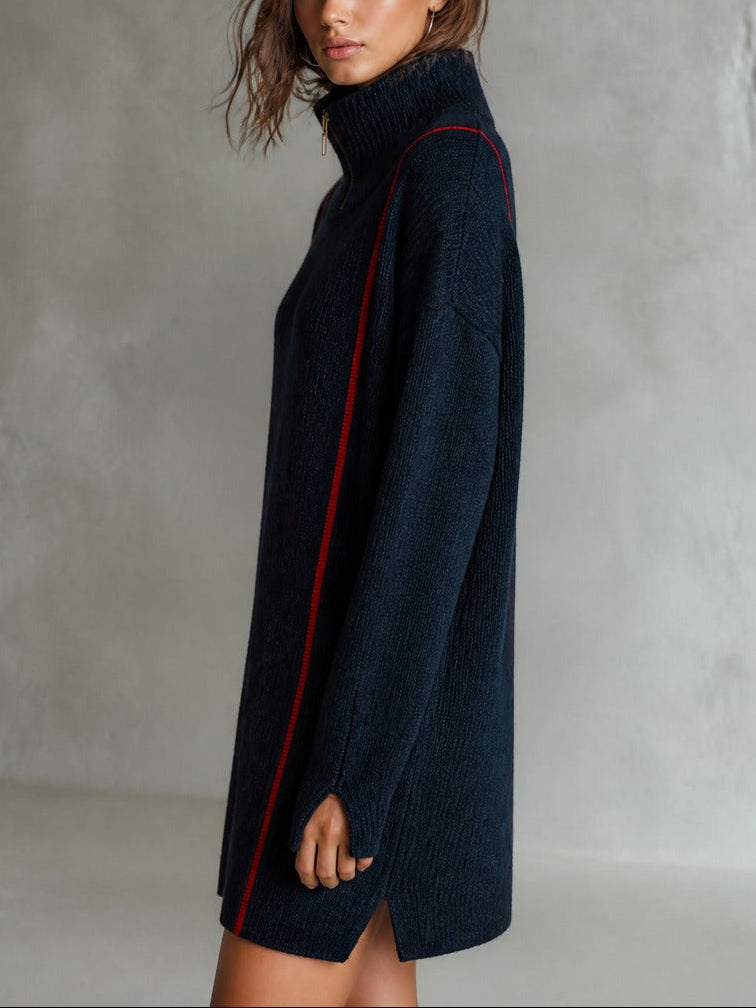 Half-Zip Turtleneck Contrast Stripe Oversized Sweater Dress
