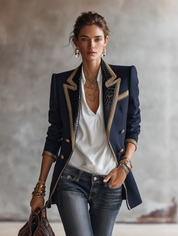 Luxe Embellished Tailored Navy Blue Statement Blazer