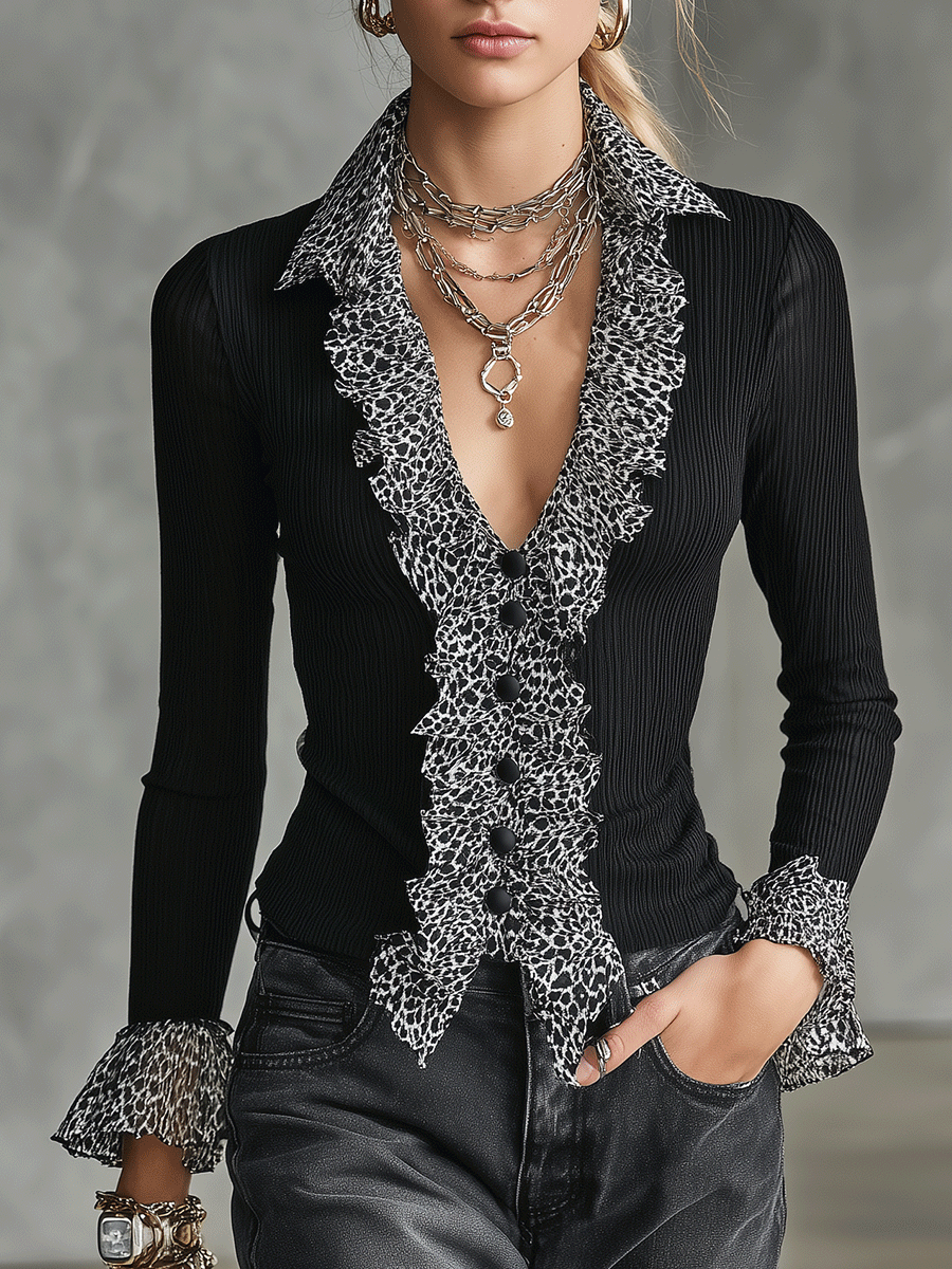 Women's Ribbed Leopard Print Ruffle Trim Long Sleeve Blouse