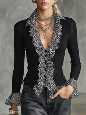Women's Ribbed Leopard Print Ruffle Trim Long Sleeve Blouse