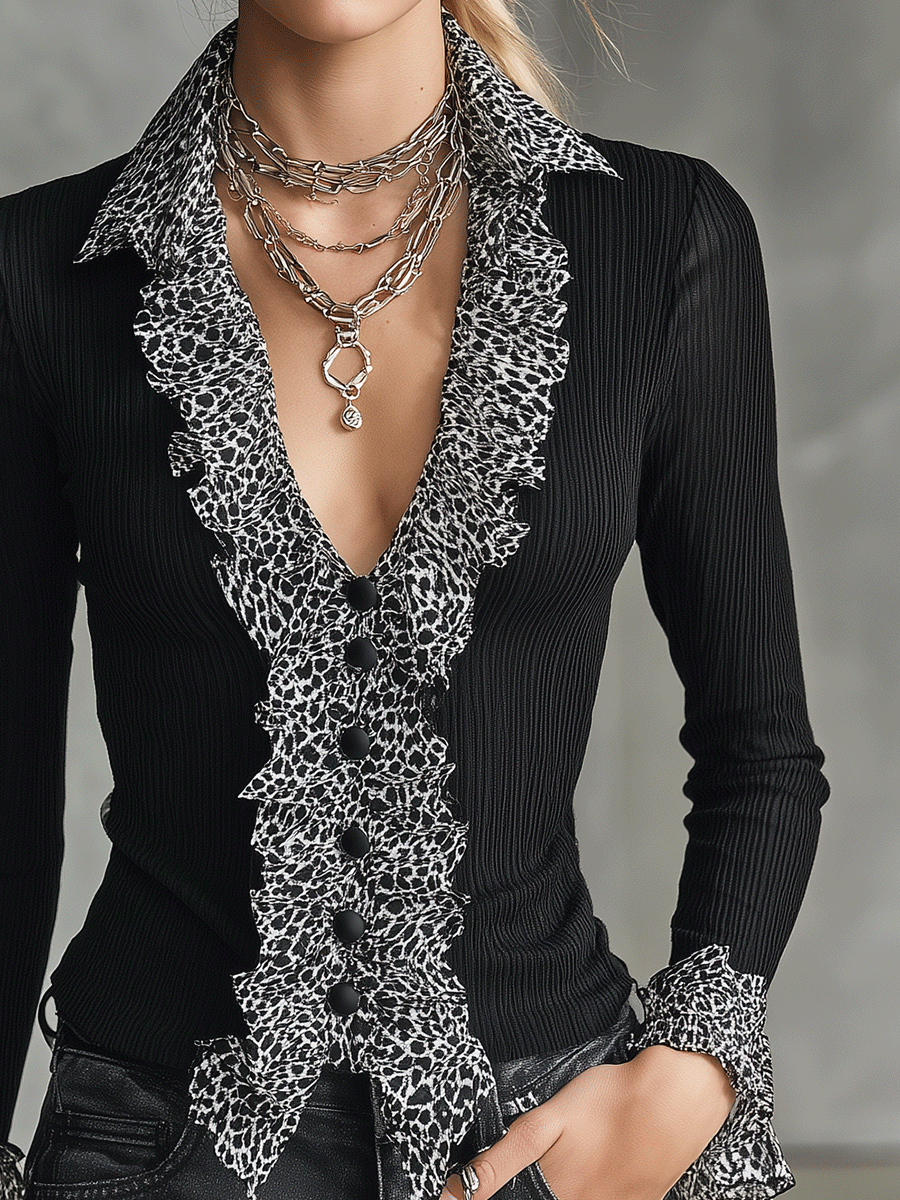 Women's Ribbed Leopard Print Ruffle Trim Long Sleeve Blouse