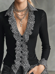 Women's Ribbed Leopard Print Ruffle Trim Long Sleeve Blouse