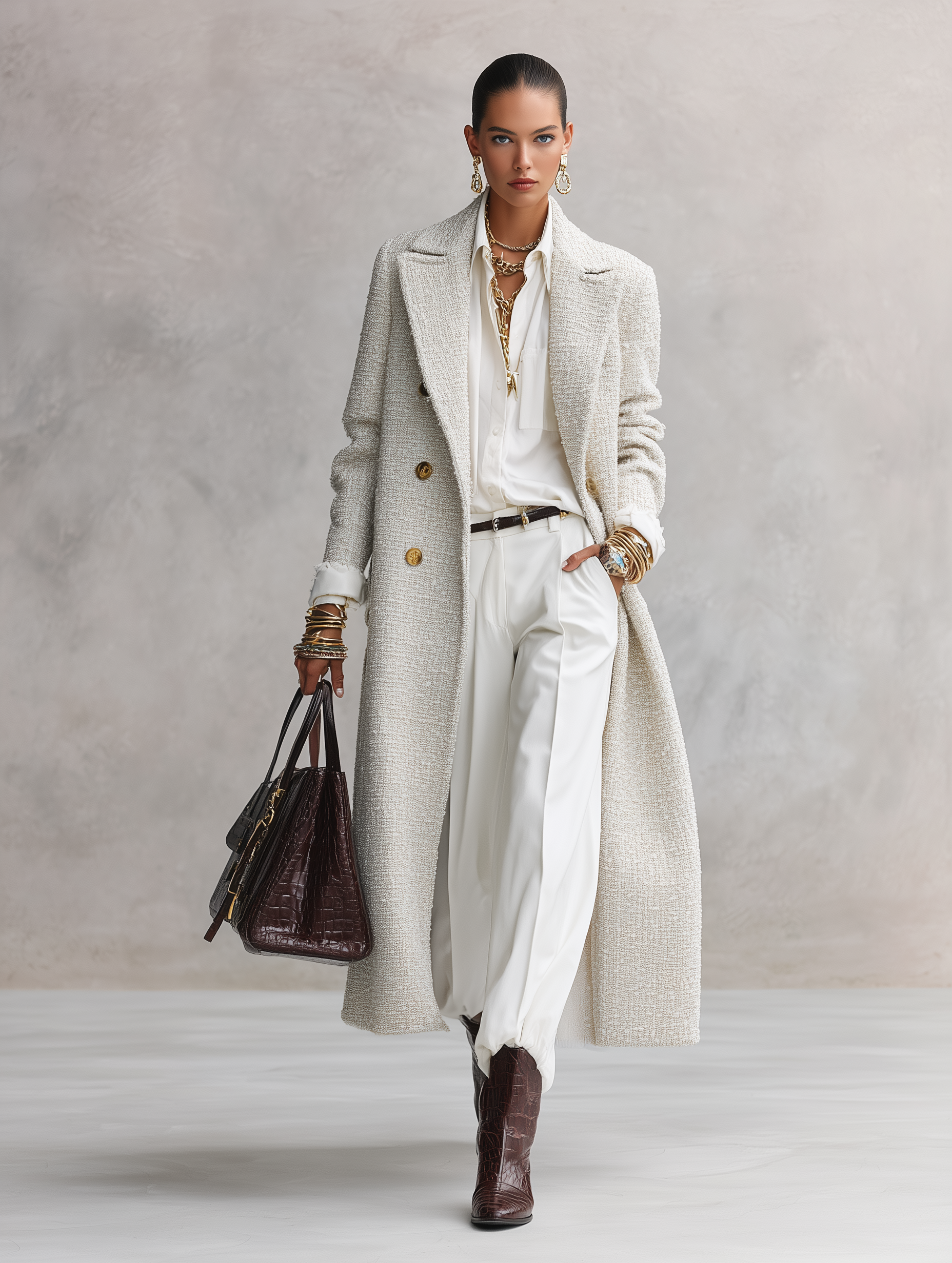 Quiet Luxury Tweed Tailored Ivory Long Coat
