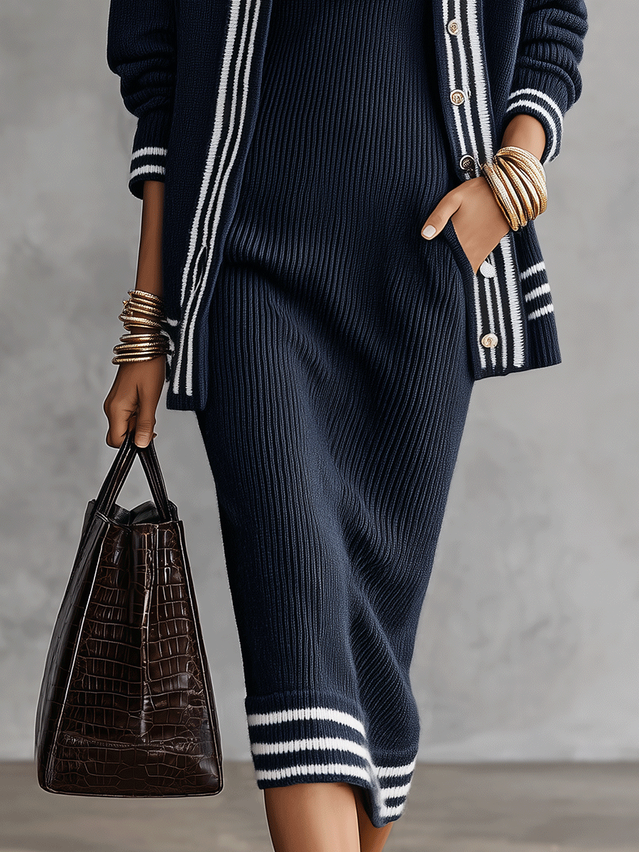 Women's Striped Trim Knit Cardigan and Ribbed Midi Dress Set