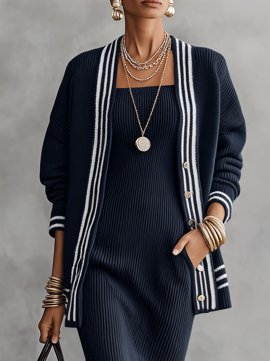 Women's Striped Trim Knit Cardigan and Ribbed Midi Dress Set