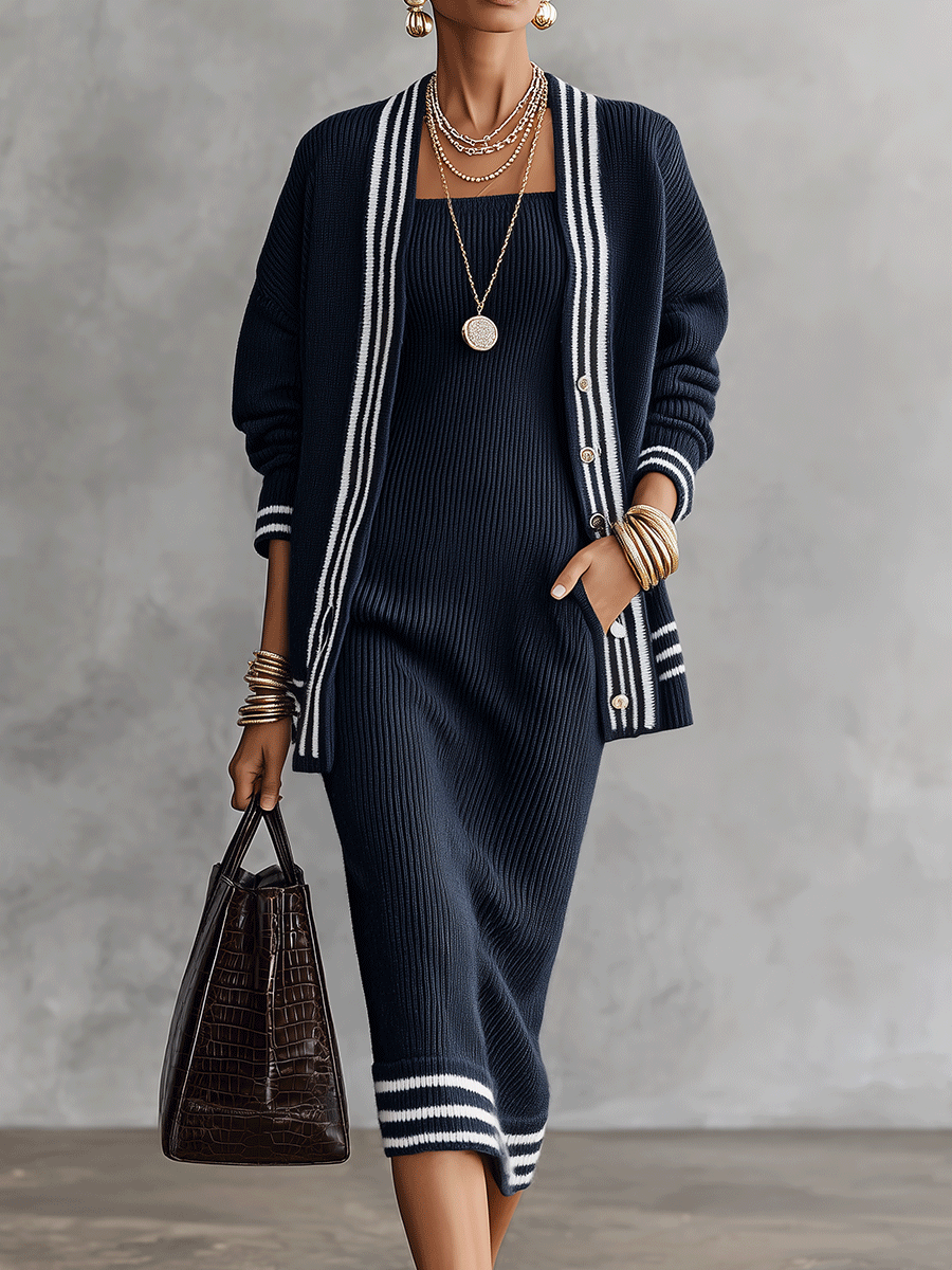 Women's Striped Trim Knit Cardigan and Ribbed Midi Dress Set