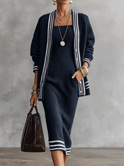 Women's Striped Trim Knit Cardigan and Ribbed Midi Dress Set