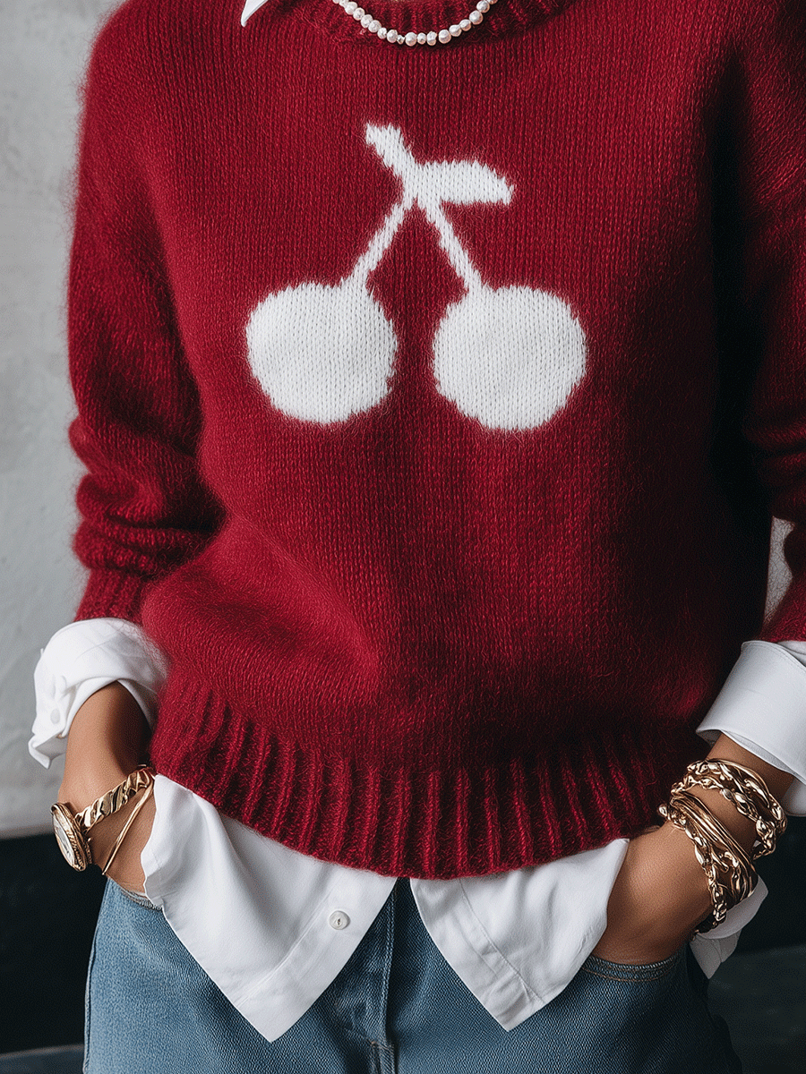 Women's Cherry Intarsia Crew Neck Mohair Sweater