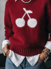 Women's Cherry Intarsia Crew Neck Mohair Sweater