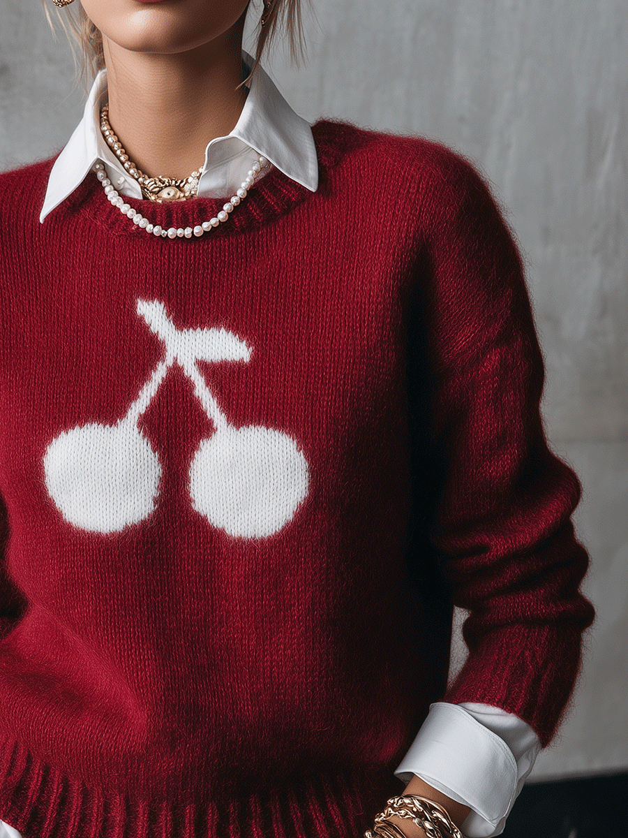 Women's Cherry Intarsia Crew Neck Mohair Sweater