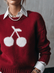 Women's Cherry Intarsia Crew Neck Mohair Sweater