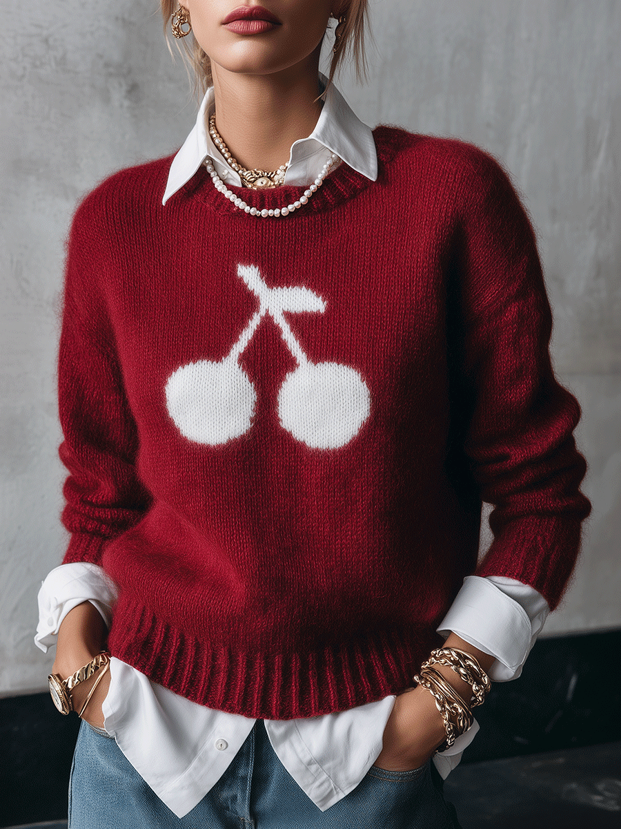 Women's Cherry Intarsia Crew Neck Mohair Sweater